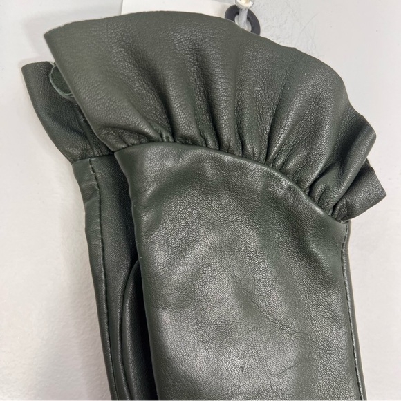 NWT Etereo dark green genuine leather fleece lined old money ruffle gloves 6.5 - Picture 6 of 11
